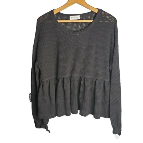 The Impeccable Pig black lightweight waffle knit long sleeve peplum top medium - Picture 1 of 5